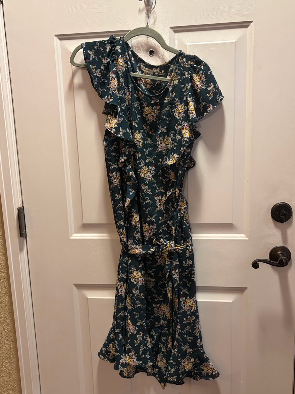 Max Studio Teal Floral Ruffle Belted Dress
